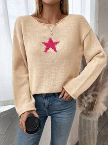 EMERY ROSE Drop Shoulder Sweater With Five-Pointed Star Pattern Knit Pullover Fall Winter Sweater - Khaki - View 1