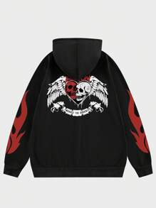 ROMWE MEN Grunge Punk 男款連帽衫,印有骷髏和翅膀圖案 - 黑色 - 查看 6