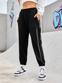 Street Sport Của phụ nữ Eo đàn hồi Paneled Đường may bên Có chân Theo dõi Quần - màu đen - Xem 1