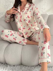 CottageSlumber Của phụ nữ In Anh đào Tay áo dài Dài Quần Bộ mặc nhà - Màu be - Xem 3