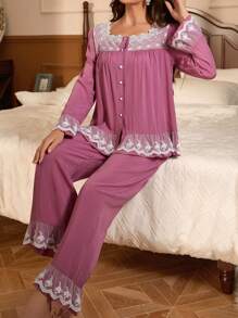 女士蕾絲拼接睡衣套裝 - 紫色 - 查看 1