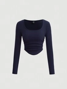 SHEIN MOD Women's Drawstring Side Ruffle Round Neck Long Sleeve Summer T-Shirt - Navy Blue - View 5