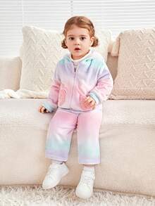 SHEIN Trẻ sơ sinh Cô gái Giải trí Macaron Màu sắc Lông cừu áo có mũ Áo khoác & Quần Bộ Với Hình trái tim Túi - Nhiều màu - Xem 3