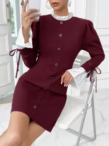 SHEIN Privé Vestido De Mujer Con Mangas Acampanadas, Color Bloque Y Cierre De Botón Único - Burdeos - Ver 6