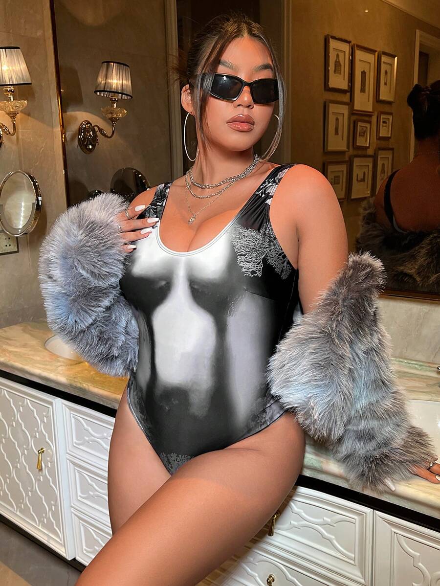 Swim EVENT Bộ đồ bơi một mảnh in họa tiết cỡ lớn mùa hè - Đen và trắng - Xem 1