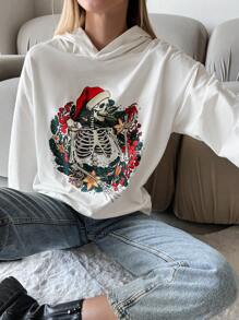 Cottnline Skull & Floral Print Drop Shoulder Hoodie - White - View 1