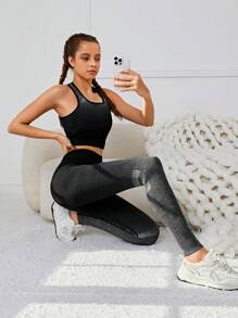 SHEIN Set sport cu maiou și jambiere pentru fete adolescente, tricotat fără cusături, în culori degradate