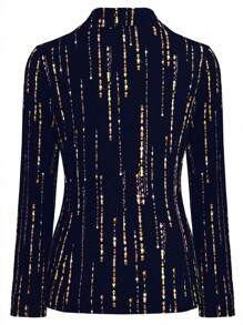 SHEIN Clasi Women's Plus Size Printed Notched Collar Double-Breasted Waist Cinched Blazer - Navy Blue - View 2