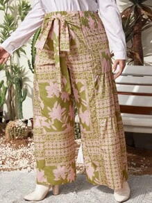 SHEIN VCAY 女士大尺碼花卉和幾何圖案印花腰帶褲 - 彩色 - 查看 5