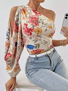 SHEIN Privé Women's Split Hem Long Sleeve Floral Printed Shirt One Shoulder Top - Apricot - View 3