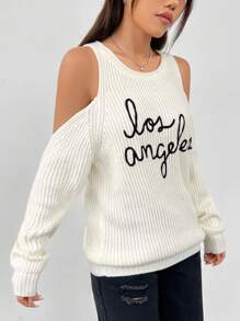 SHEIN EZwear Women's Open Shoulder Sweater With Letter Embroidery - White - View 6