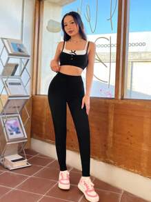 SHEIN EZwear 2 In 1 Women's Shortened Strap Top And Leggings Set - Black and White - View 5