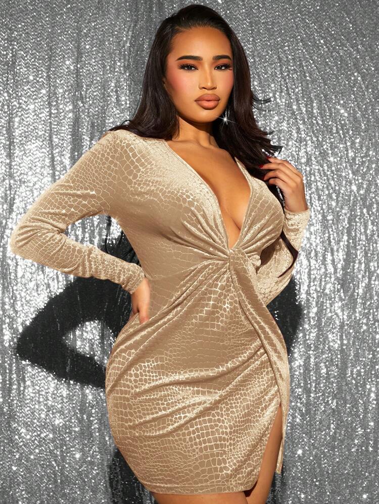 Ladies' Solid Color Jacquard Twisted Knot Split Dress