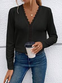 SHEIN LUNE Của phụ nữ Vá lại Ren Áo thun - màu đen - Xem 1