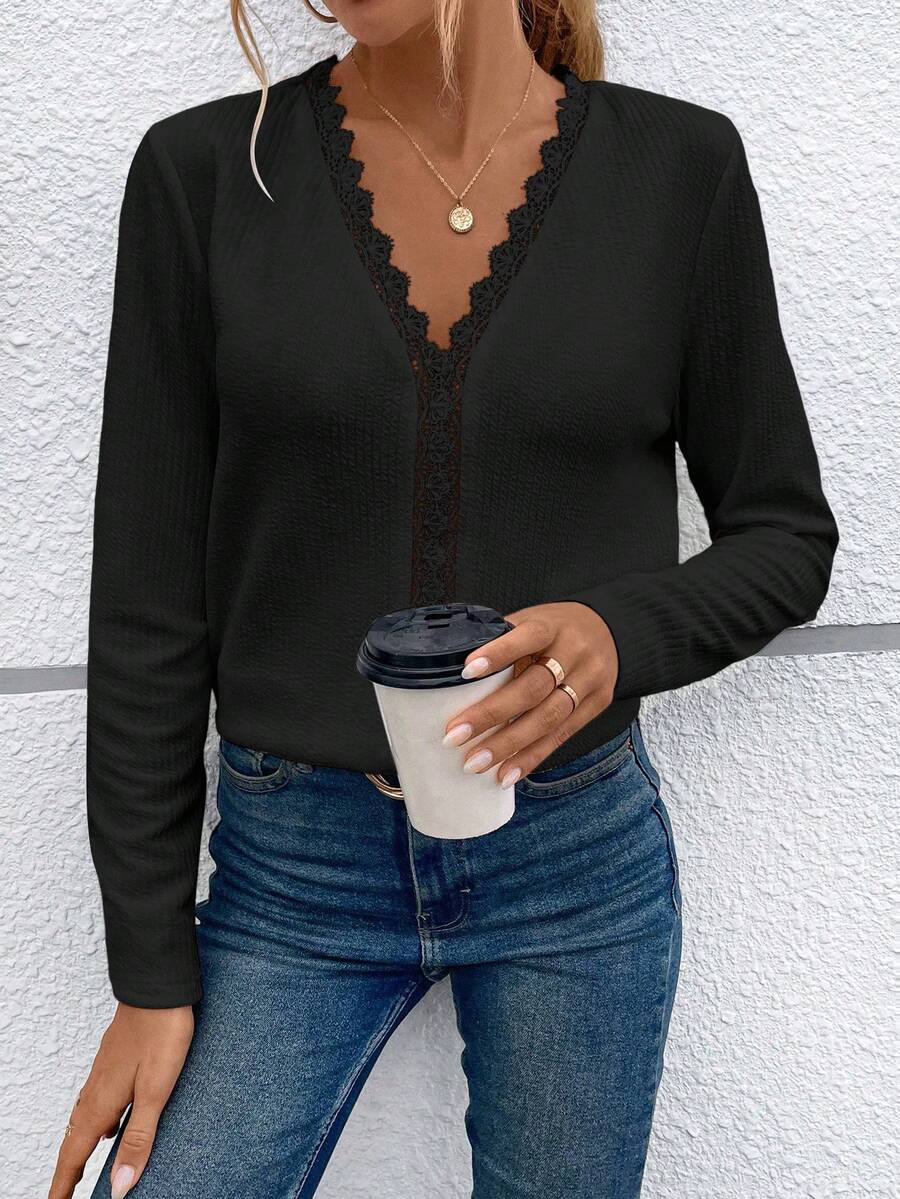 SHEIN LUNE Của phụ nữ Vá lại Ren Áo thun - màu đen - Xem 1