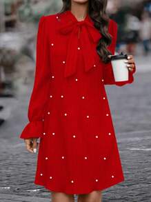 SHEIN LUNE Ladies' Casual Pearl Beaded Knotted Neckline Shift Dress For New Year Clothes