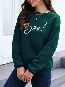 SHEIN LUNE 印有心形和字母的垂墜肩運動衫 - 墨綠色 - 查看 4
