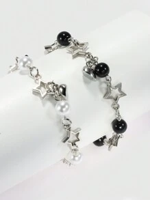 ROMWE Grunge Punk 2 件朋克风格黑白方形仿珍珠和星星装饰手链套装，适合日常佩戴和情人节礼物，妈妈，母亲，母亲节，礼物 - 彩色 - 查看 4