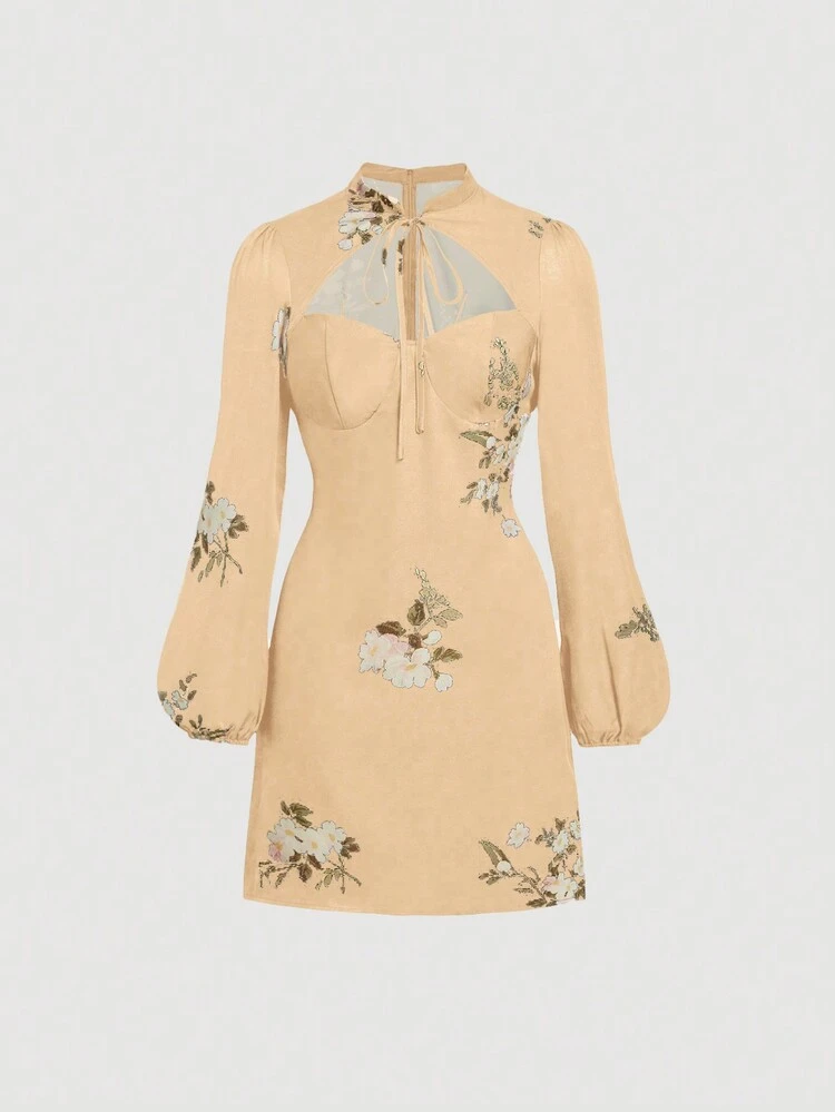Women's Apricot-colored Floral Printed Waist-tied Dress