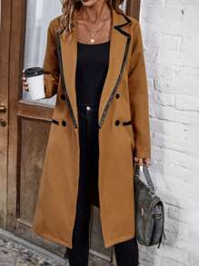 SHEIN LUNE Women's Fashion Double Breasted Woolen Coat Fall Cloth For Women - Khaki - View 3