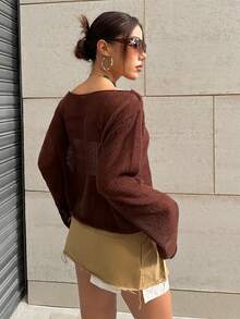 SHEIN Unity 女士船頸透視休閒毛衣 - 咖啡棕 - 查看 2