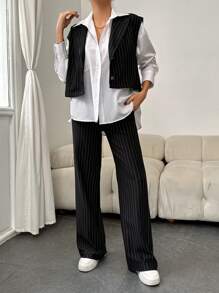 Cottnline Women's Black Pinstripe Suit Set - Black - View 6