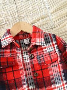 SHEIN 小女孩羊毛格紋襯裡和純色連身褲,時尚休閒2入組 - 紅色 - 查看 4