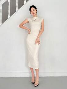 EastFlair Nuevo Vestido Blanco Estilo Chino Con Cuello Mao Para Vacacionar, Día De San Valentín, Citas Y Ajuste De Cuerpo Elástico Para Mujeres - Albaricoque - Ver 7