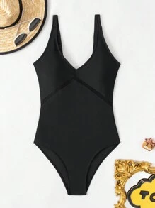 Summer Solid Color V-Neck One-Piece Swimsuit Music Festival - Black - View 4