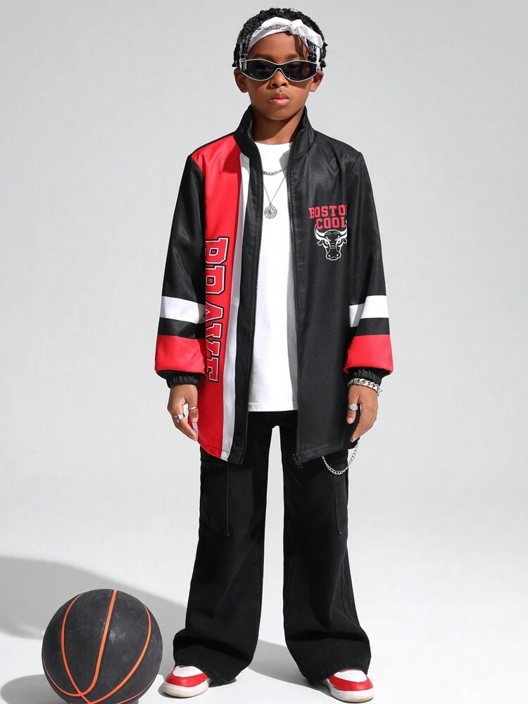 Boys' Casual Thick Jacquard Jacket With Letter Print And Contrast Color Sleeves