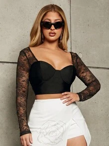 SHEIN SXY Sweetheart Neck Lace Panel Crop Top - Black - View 3