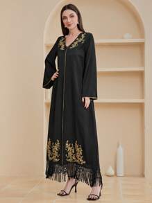 Al Najma 女式金色刺繡傳統長款襯衫,深v領設計