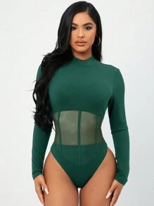 SHEIN SXY 女士针织透视网眼撞色紧身衣 - 墨綠色 - 查看 6