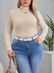 SHEIN Essnce Women's Plus Size Solid Color High Neck Slim Fit T-shirt With Ruched Detail - Beige - View 1