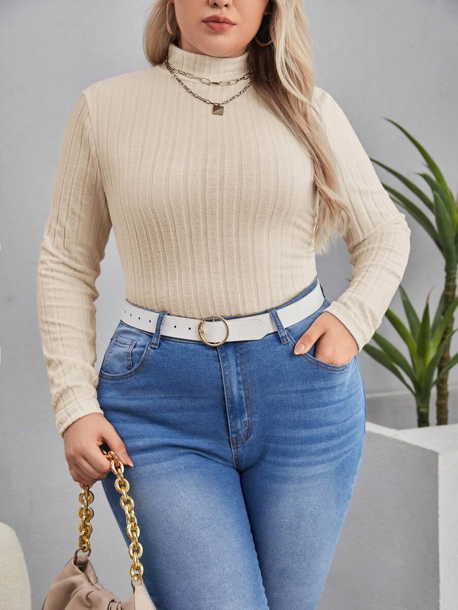 SHEIN Essnce Women's Plus Size Solid Color High Neck Slim Fit T-shirt With Ruched Detail - Beige - View 1