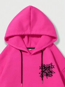 ROMWE MEN Street Life 男士街头风格五角星印花羊毛连帽衫，适合春秋冬季日常穿着、上学 - 玫紅色 - 查看 8