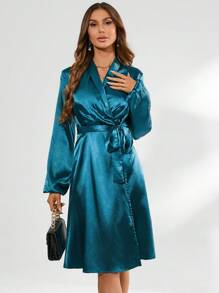 GENKIRA Wrap Front Lantern Sleeve Long Sleeve Dress Fall Cloth For Women - Teal Blue - View 1