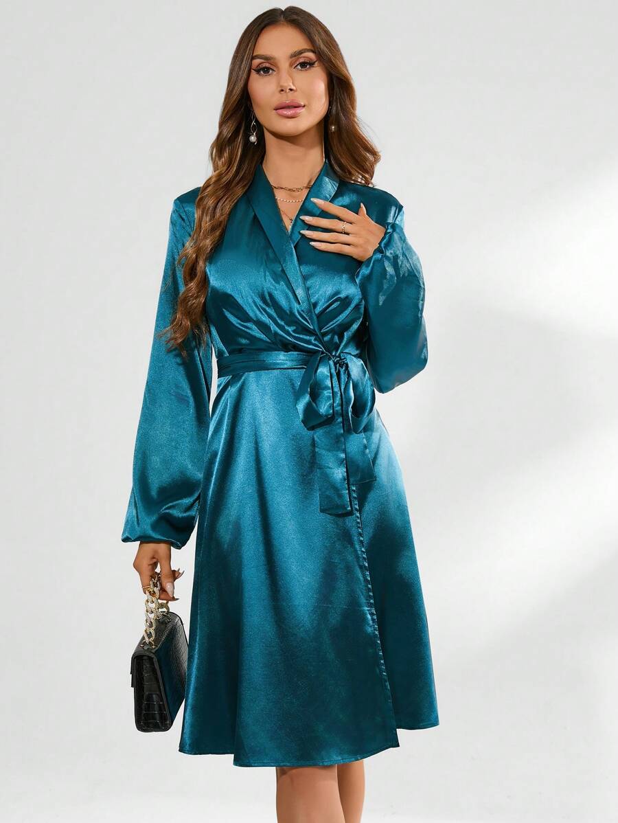 GENKIRA Wrap Front Lantern Sleeve Long Sleeve Dress Fall Cloth For Women - Teal Blue - View 1