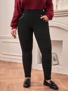 SHEIN Frenchy Plus Size High Waist Rivet Leggings With Pockets And Button Decor - Black - View 1