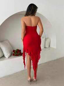 SHEIN SXY Party Lovers Date Dress, Red Mesh Material, With Detachable 3d Floral Collar, Graceful Ruffle Hem Strapless Dress Flamenco Fall Dress - Red - View 2