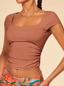 SHEIN BAE Solid Color Short Cropped T-Shirt With Pleats - Rust Brown - View 5