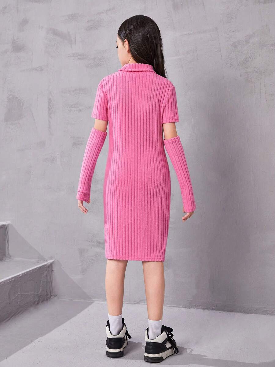 Tween Girl Daily Sweet & Cool Solid Color Knit Short Sleeve Dress With