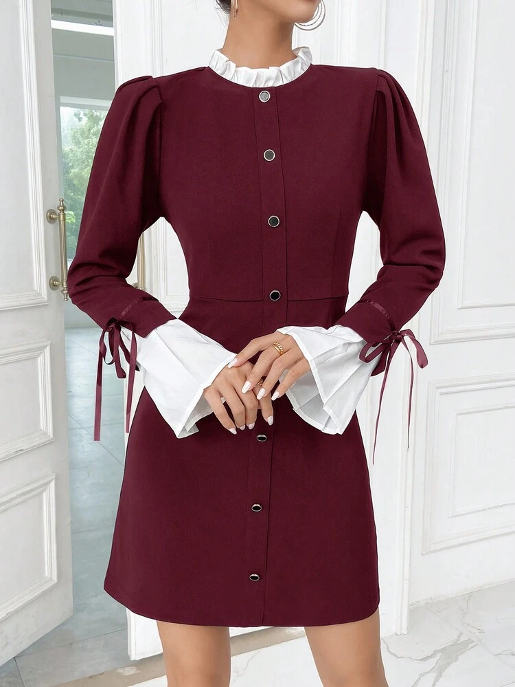 Women's Color Block Trumpet Sleeve Single Breasted Dress