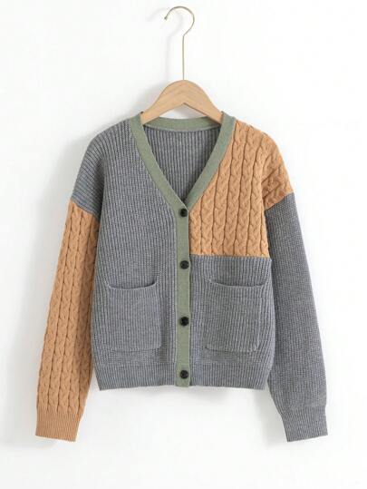 Boys' Color Block Cardigan With Double Pockets And Drop Shoulder Design
