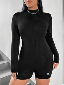 SHEIN EZwear Plus Size Black Knitted Long Sleeve Romper - Black - View 7