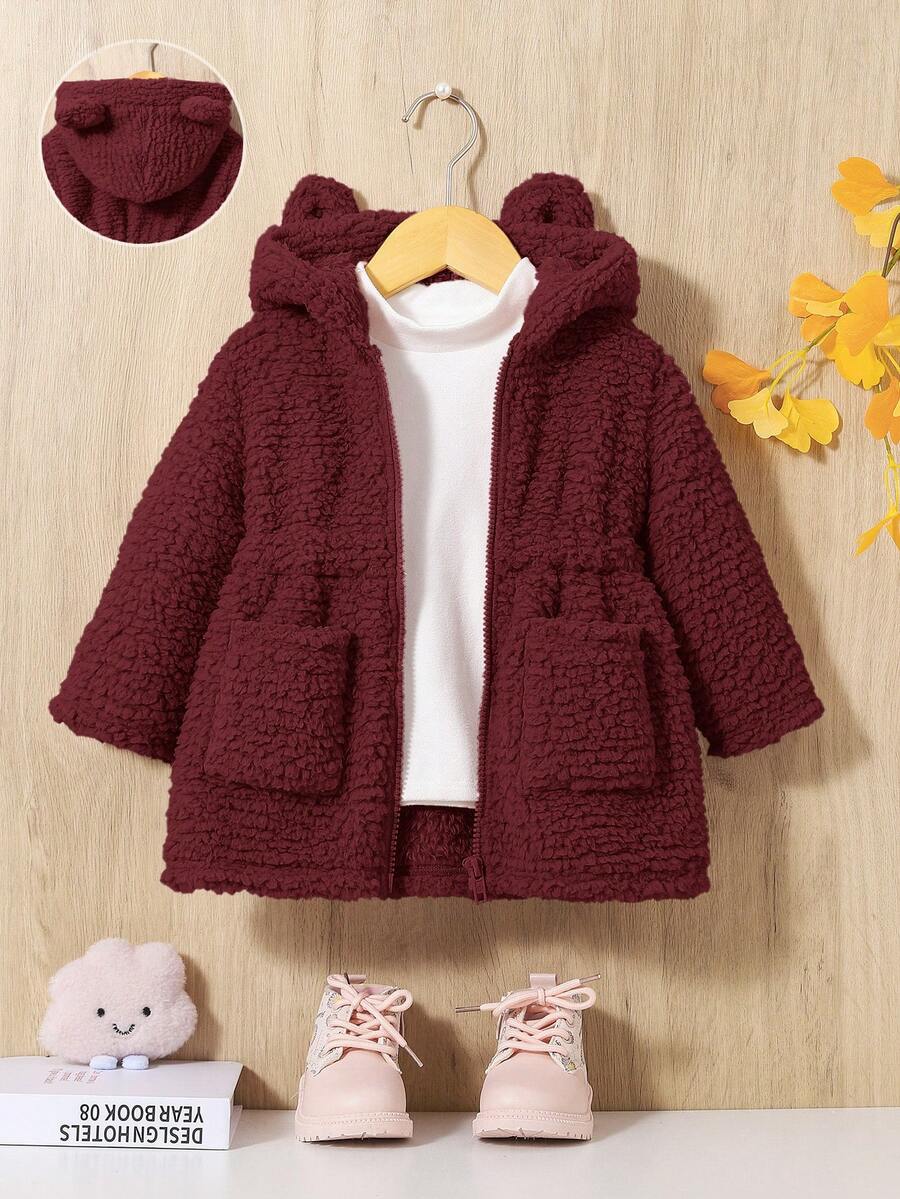 SHEIN Em bé Cô gái Thời gian rảnh rỗi áo có mũ Chiều dài trung bình áo Với Sang trọng Lót - Màu Đỏ Sâu - Xem 1