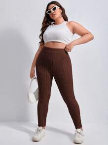 SHEIN Essnce 大尺寸高腰羅紋緊身褲(附手機袋) - 咖啡棕 - 查看 5