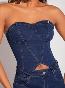 Denimoi Snap Button Seam Detail Denim Tube Top - Dark Wash - View 7