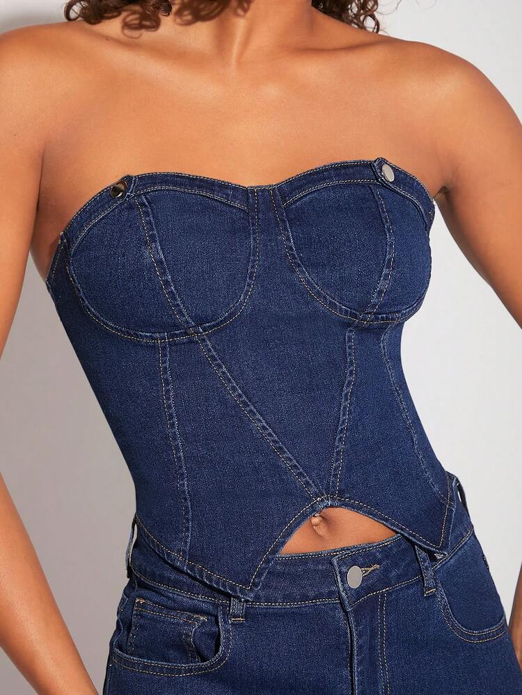 Snap Button Seam Detail Denim Tube Top