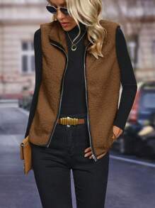 Của phụ nữ Không tay Dây kéo Áo vest - Cà phê nâu - Xem 3